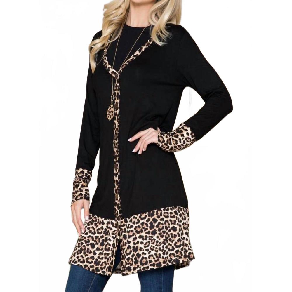 NEW CELESTE solid button-down leopard cardigan in black